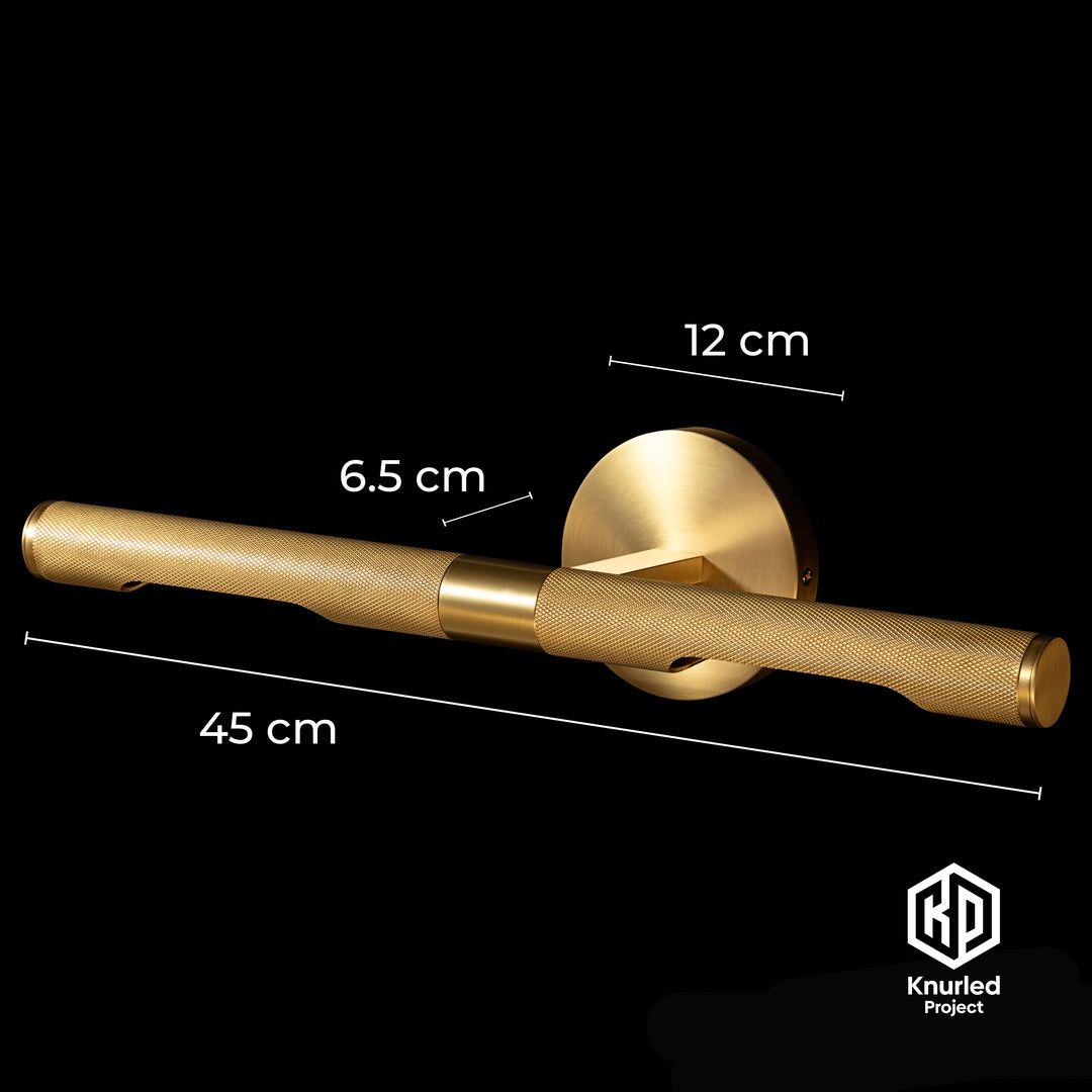 Brass picture wall light on black background with product measurements