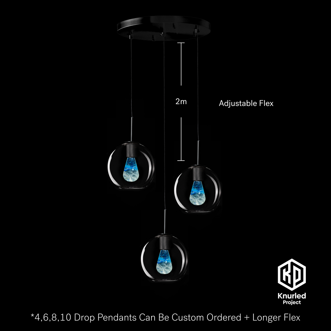 Matte Black 3 Drop + Glacier Mood Bulbs + Globe Shade