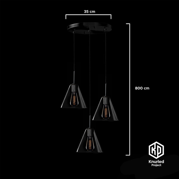 Matte Black 3 Drop Pendant + Cone Shade