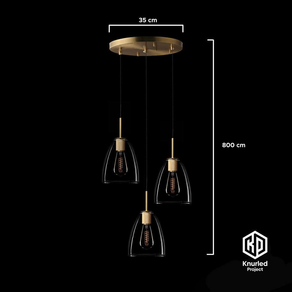 A brass chandelier with three pendant lights and three bell shaped light shades and product measurements