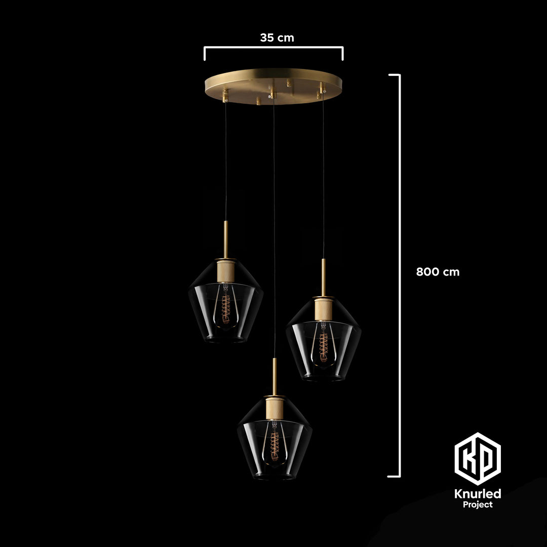 A brass chandelier with three pendant lights and diamond shaped light shades and product measurements