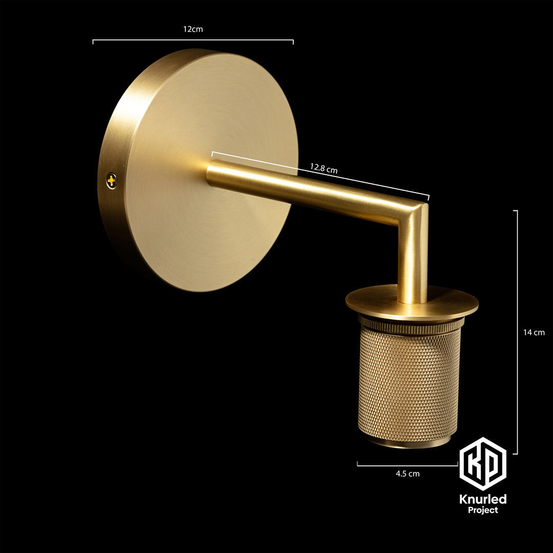 Brass wall light on a black background with product measurements