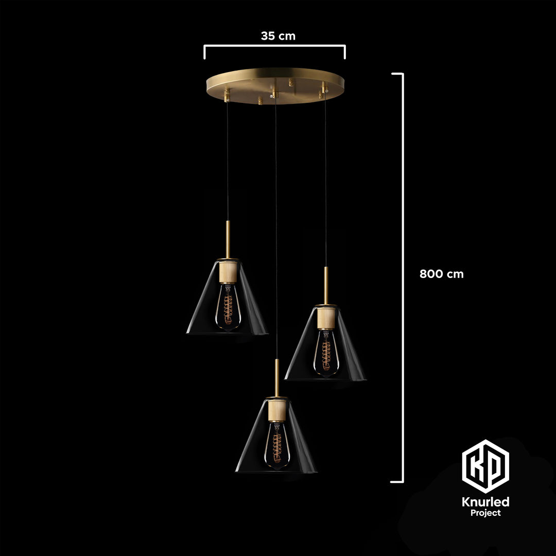 A brass chandelier with three pendant lights and cone shaped light shades and product measurements