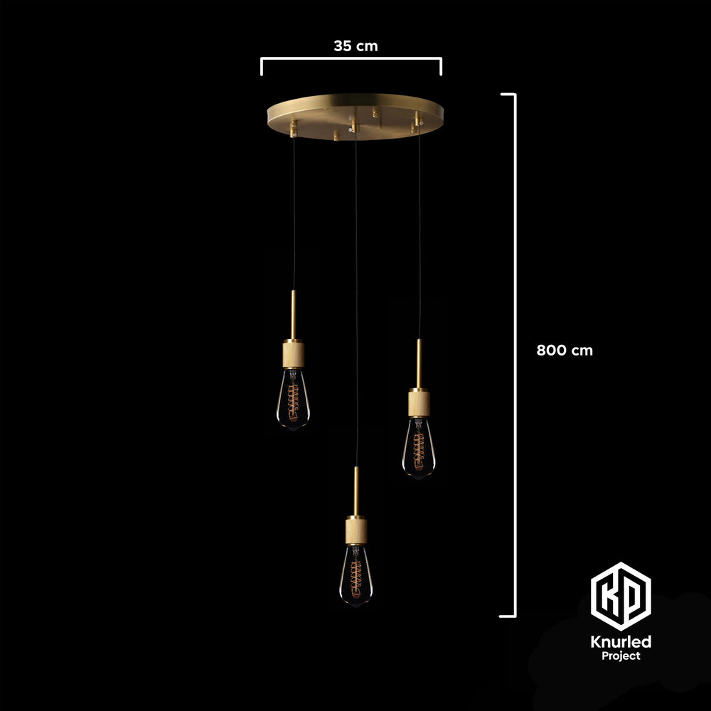 A brass chandelier with three pendant lights and product measurments